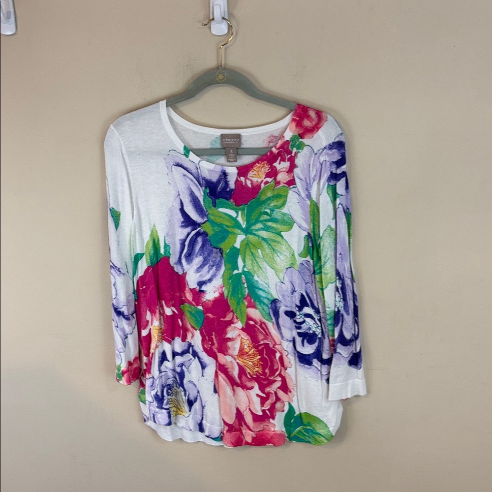 Chico's Colorful Long Sleeve Knit Top Pink, Purple, Green Floral Design 3 (16)